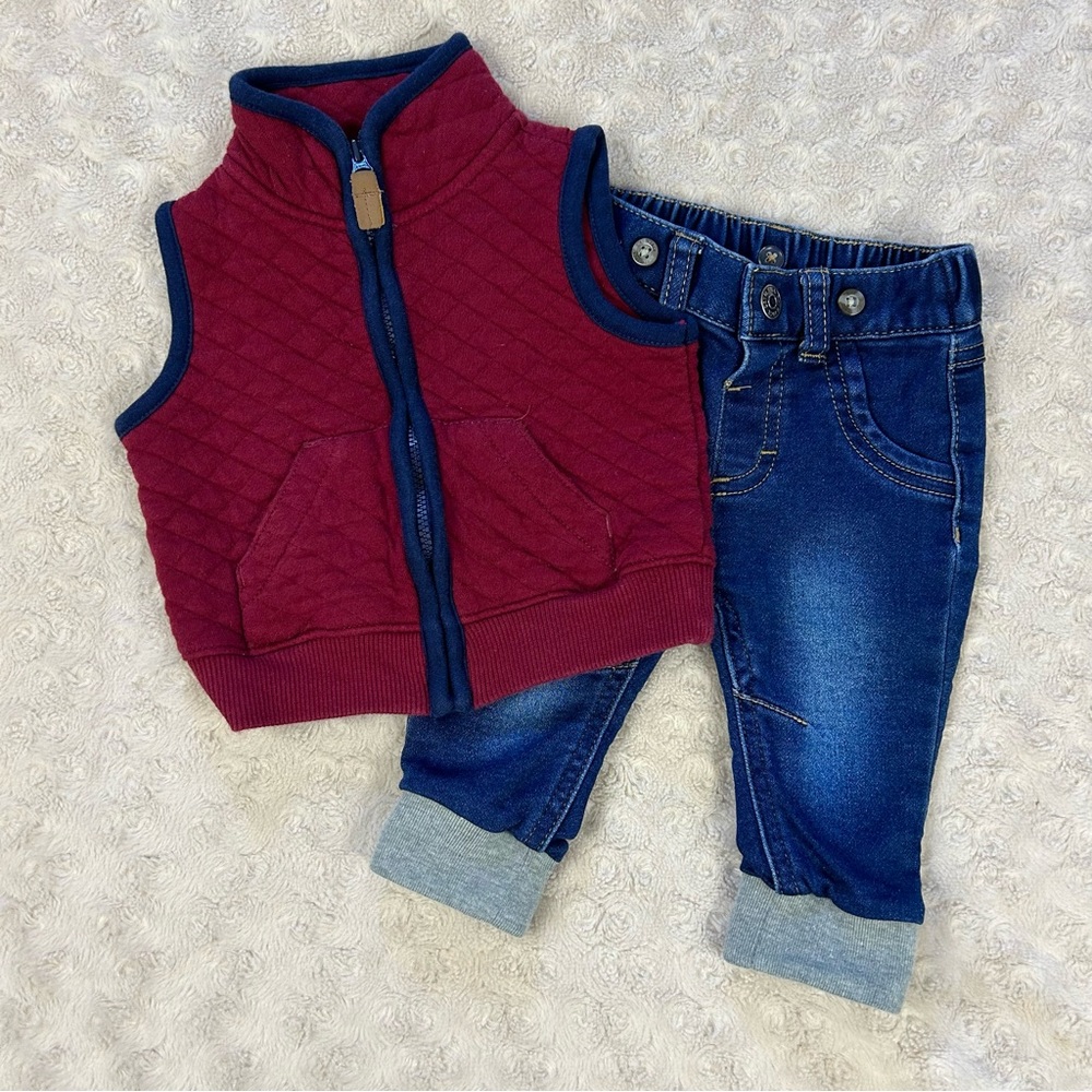 Carter’s Baby Boy Outfit Quilted Burgundy Vest Cat & Jack Jeans